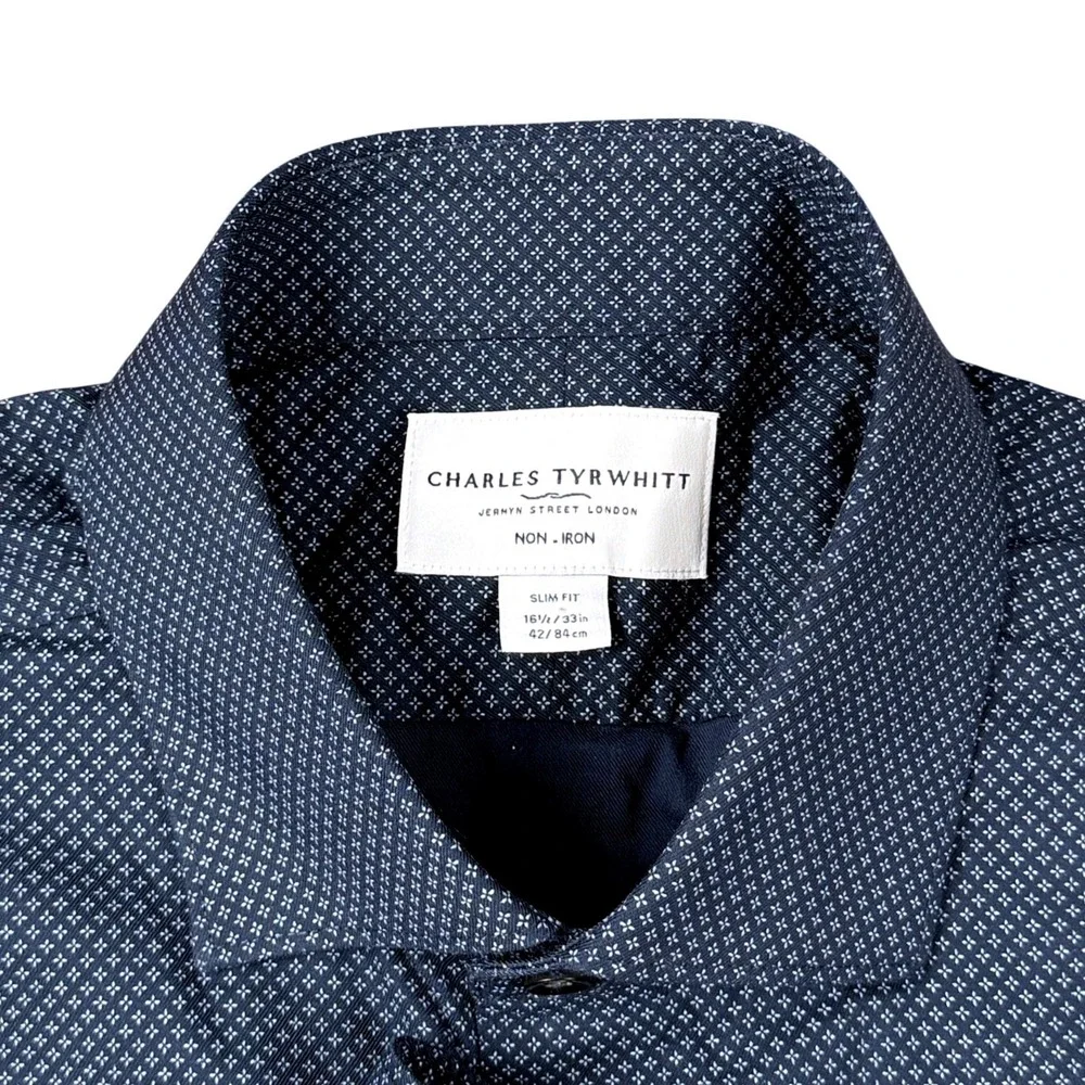 Charles Tyrwhitt Slim Fit Non Iron Dress Shirt Navy Blue Geometric 16.5 33
